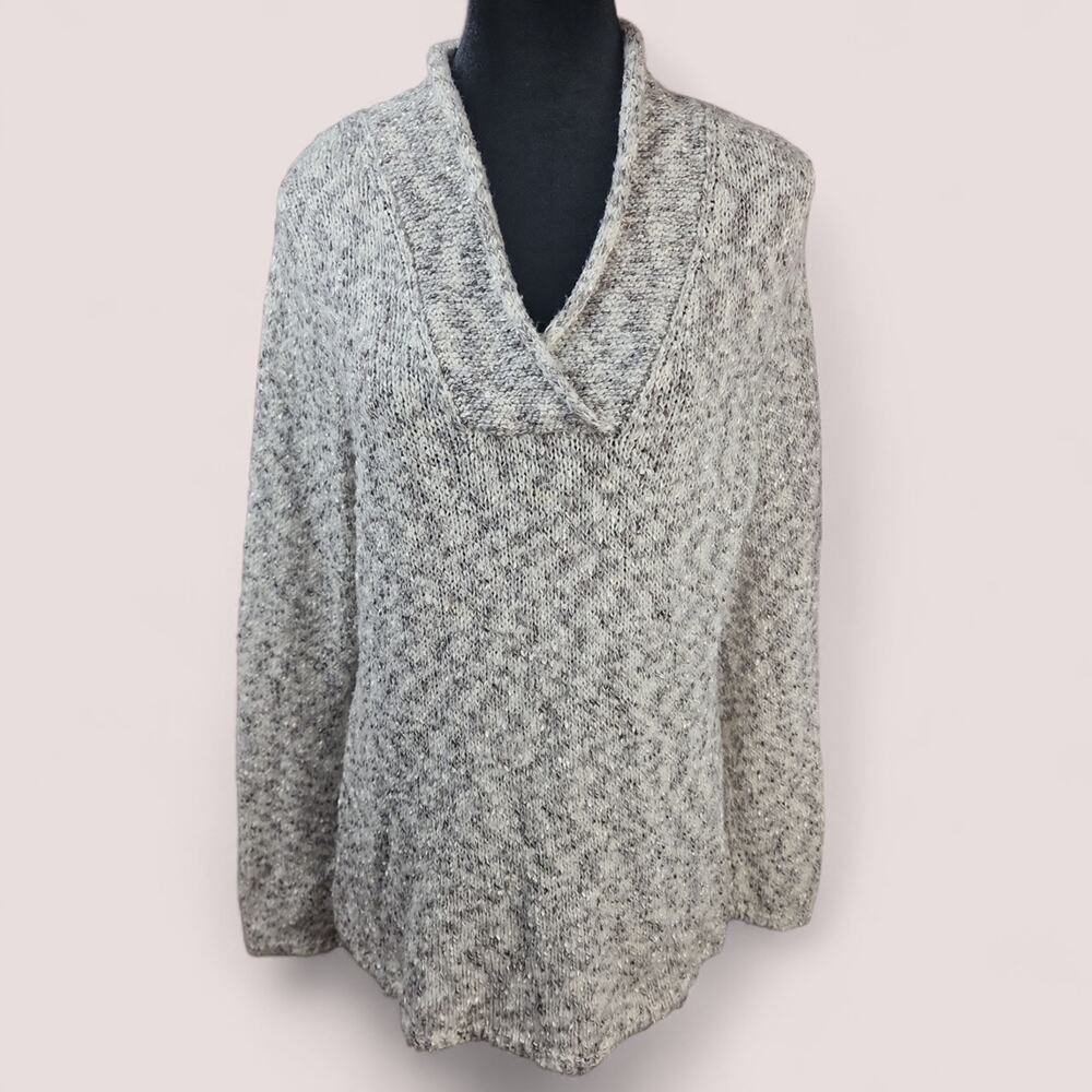 COLDWATER CREEK | Minimalist Neutral Cozycore Grey V-Neck Crocheted Sweater | XL